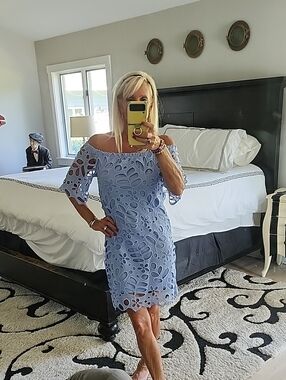 Off-Shoulder Light Blue Lace Overlay Dress, S